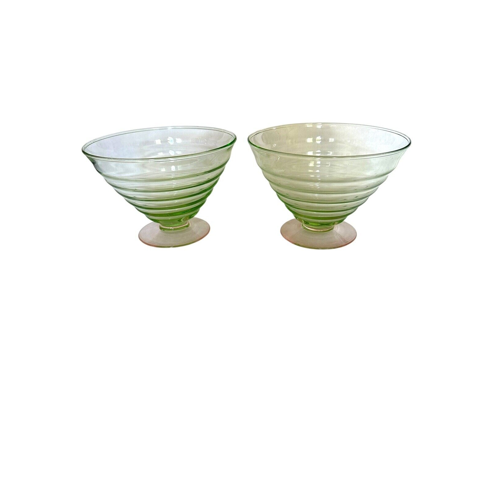 Two Watermelon Glass Pedestal Bowls Pink with Green Base Dessert Compote 4” Tall
