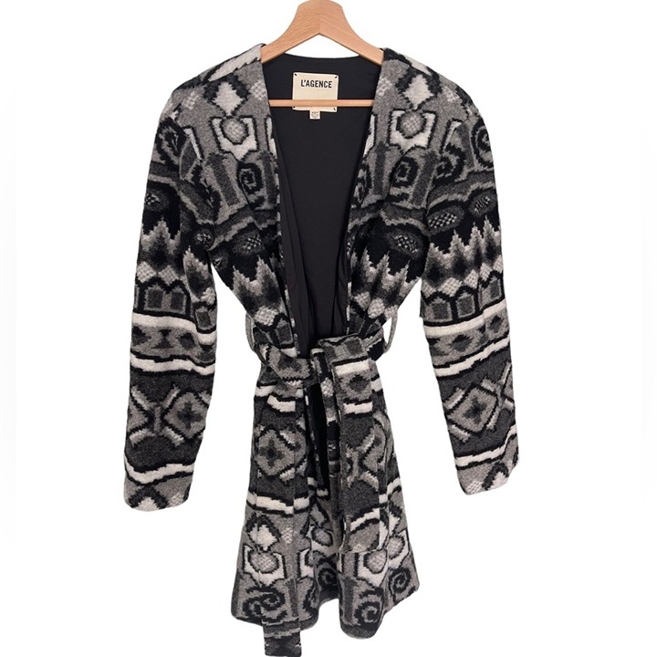 NWT L’AGENCE Wool Sweater with Tie Black and white tribal print Aztec XS