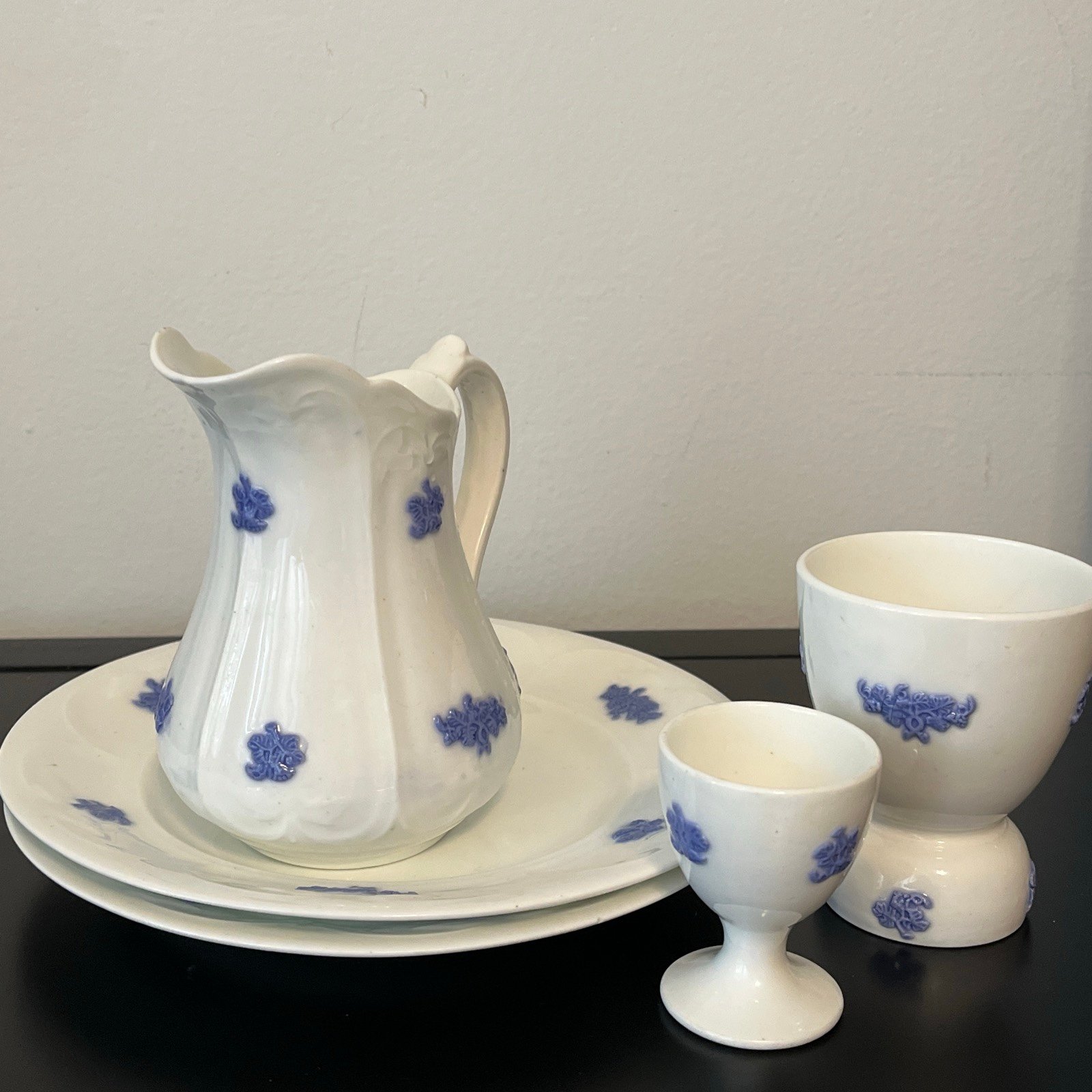 Adderley Chelsea Blue 12Oz Embossed Creamer Dessert Plate & Egg CupNot Embossed