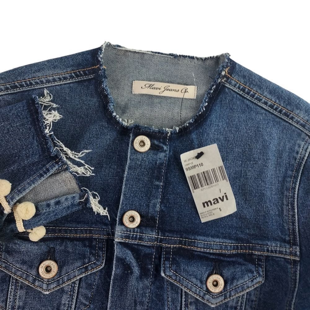 Mavi Women Small Embroidered Button Front Raw Hem Denim Jean Jacket