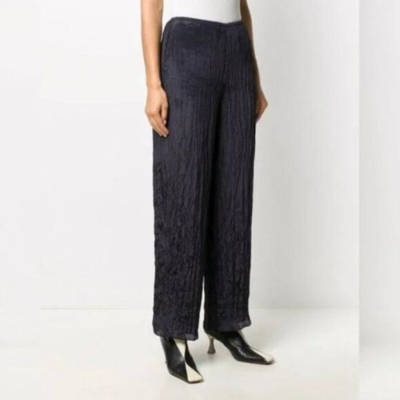 Vince Crinkled Plissé Navy High Waist Wide Leg Pull on Palazzo Pants