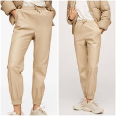 Cream/Beige MNG Mango Faux Leather Jogger Pants w/ Elastic Drawstring Waist