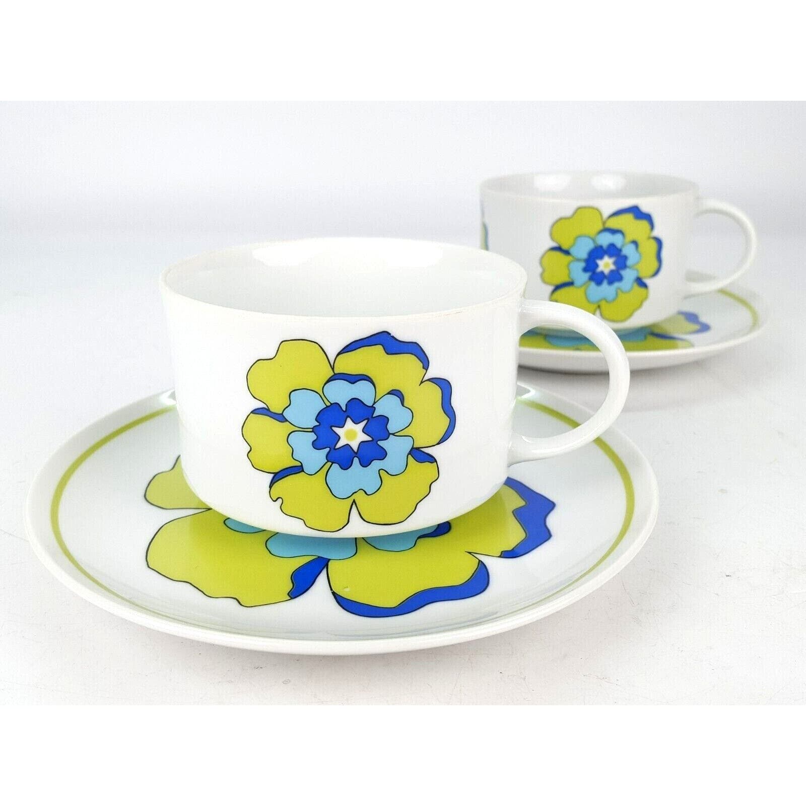 Vintage Mid Century Modern Euro Flat Cup Plate & Saucer Set with Floral Pattern