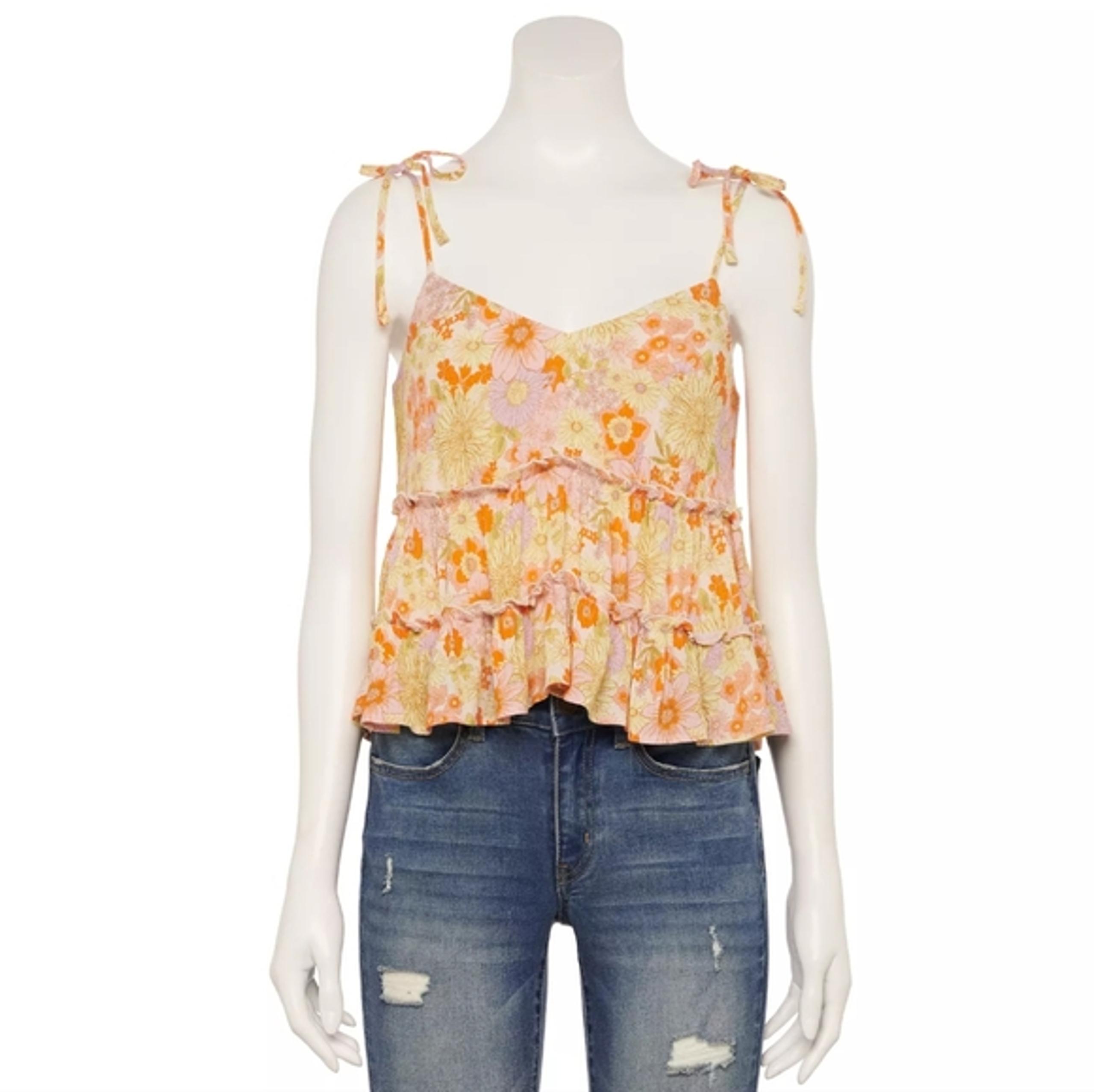 Juniors' SO Tied Strap Babydoll Tank Top Ruffle Tiered Spaghetti Strap Top Small