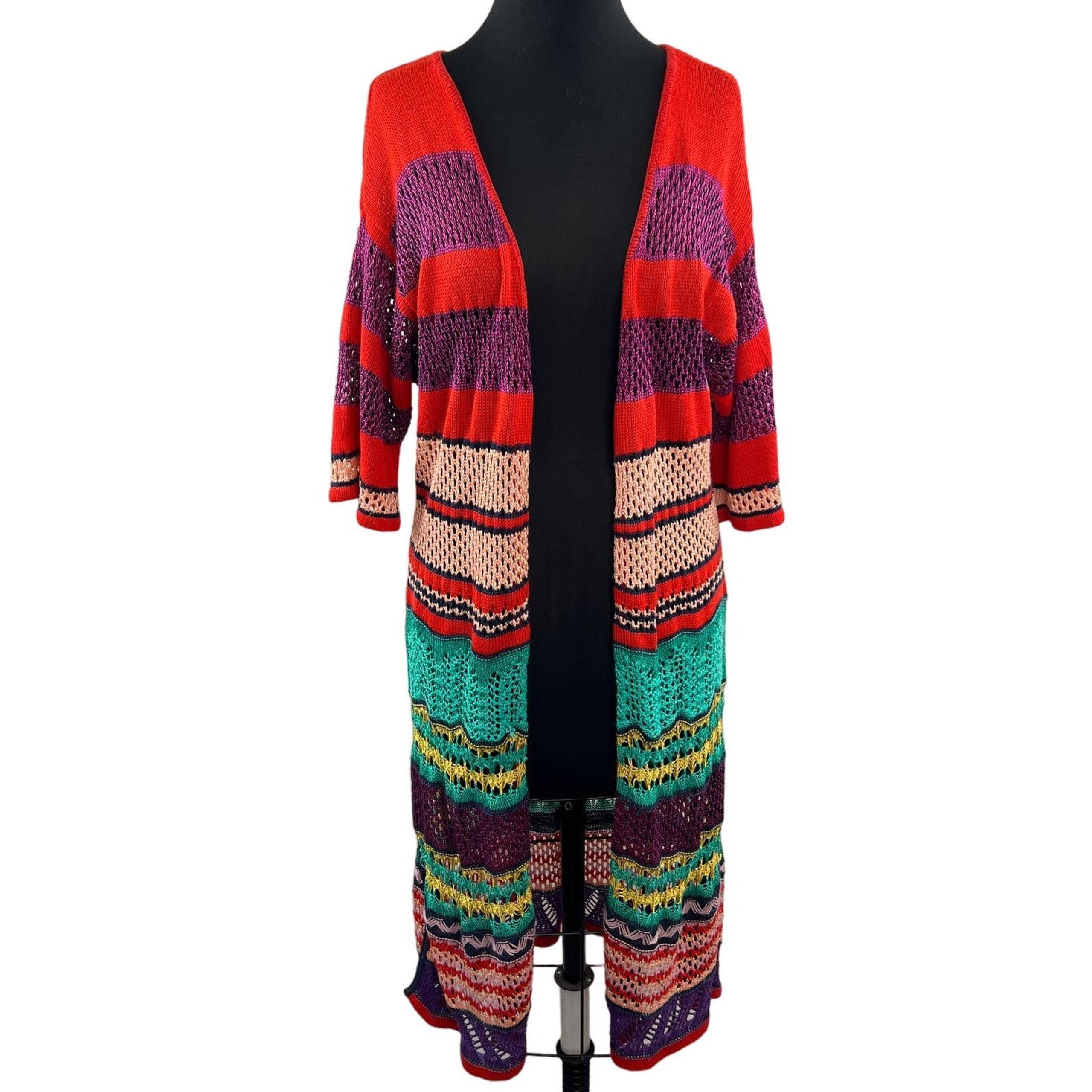 Cecilia Prado Multicolor Stripe Open-Knit Crochet Midi Cardigan Duster Sweater M