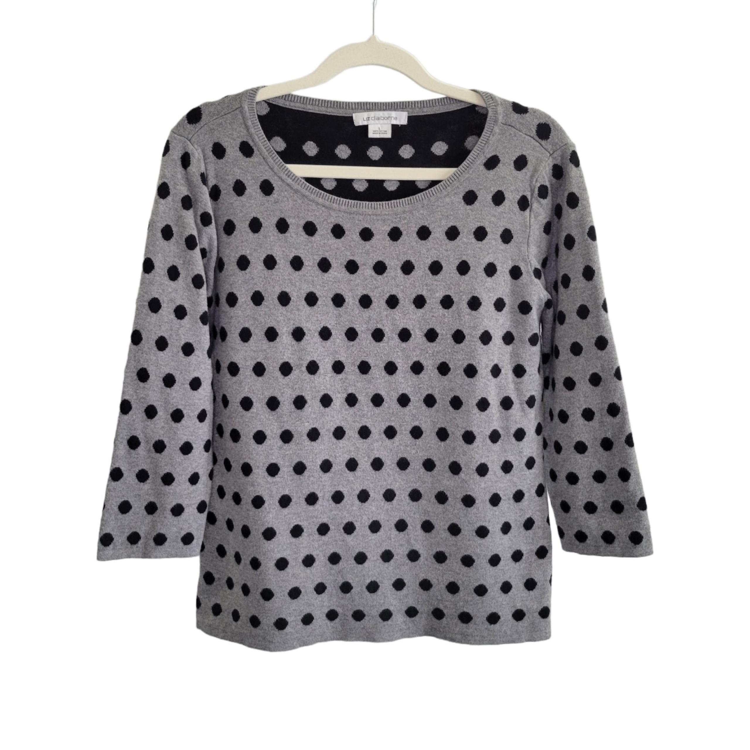 Liz Claiborne Gray & Black Polka Dot 3/4 Sleeve Thick Knit Sweater Womens Size L