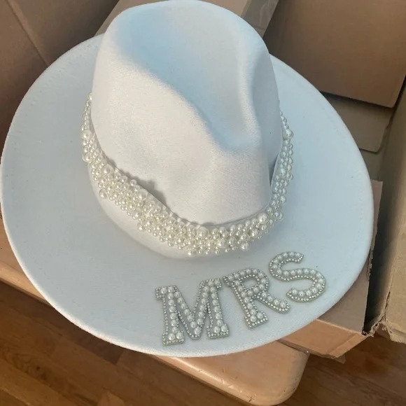 Mrs. Pearl Fedora Hat with Pearl Mrs Brand New for bachelorette or wedding