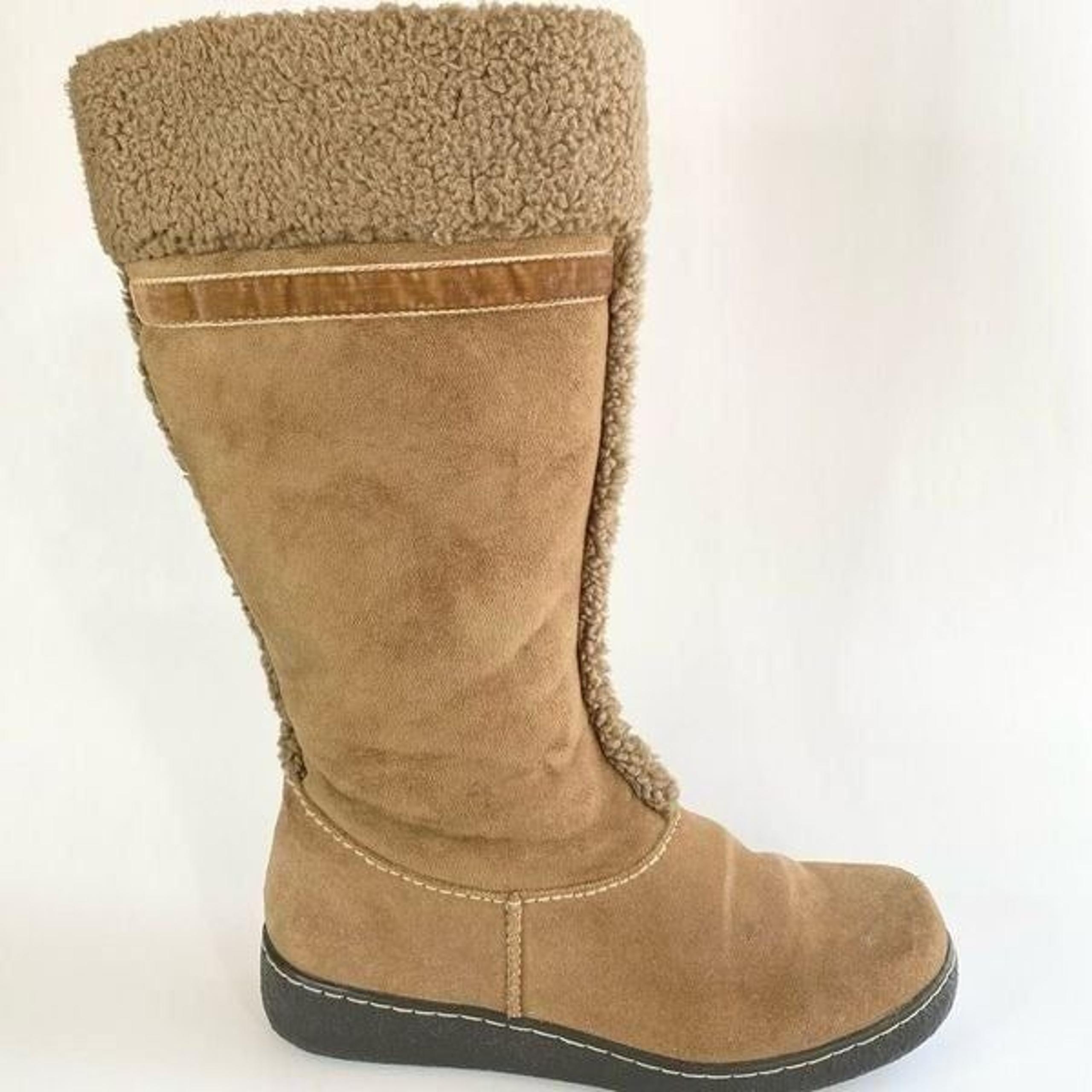 Lands' End Sherpa Tan Faux Suede Fleece Lined Side Zip Knee High Warm Size 7