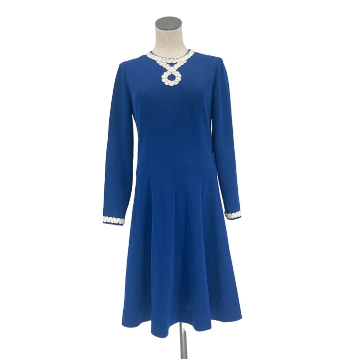Vintage 1970s Blue & White Keyhole Lace Skater Skirt Long Sleeve Dress