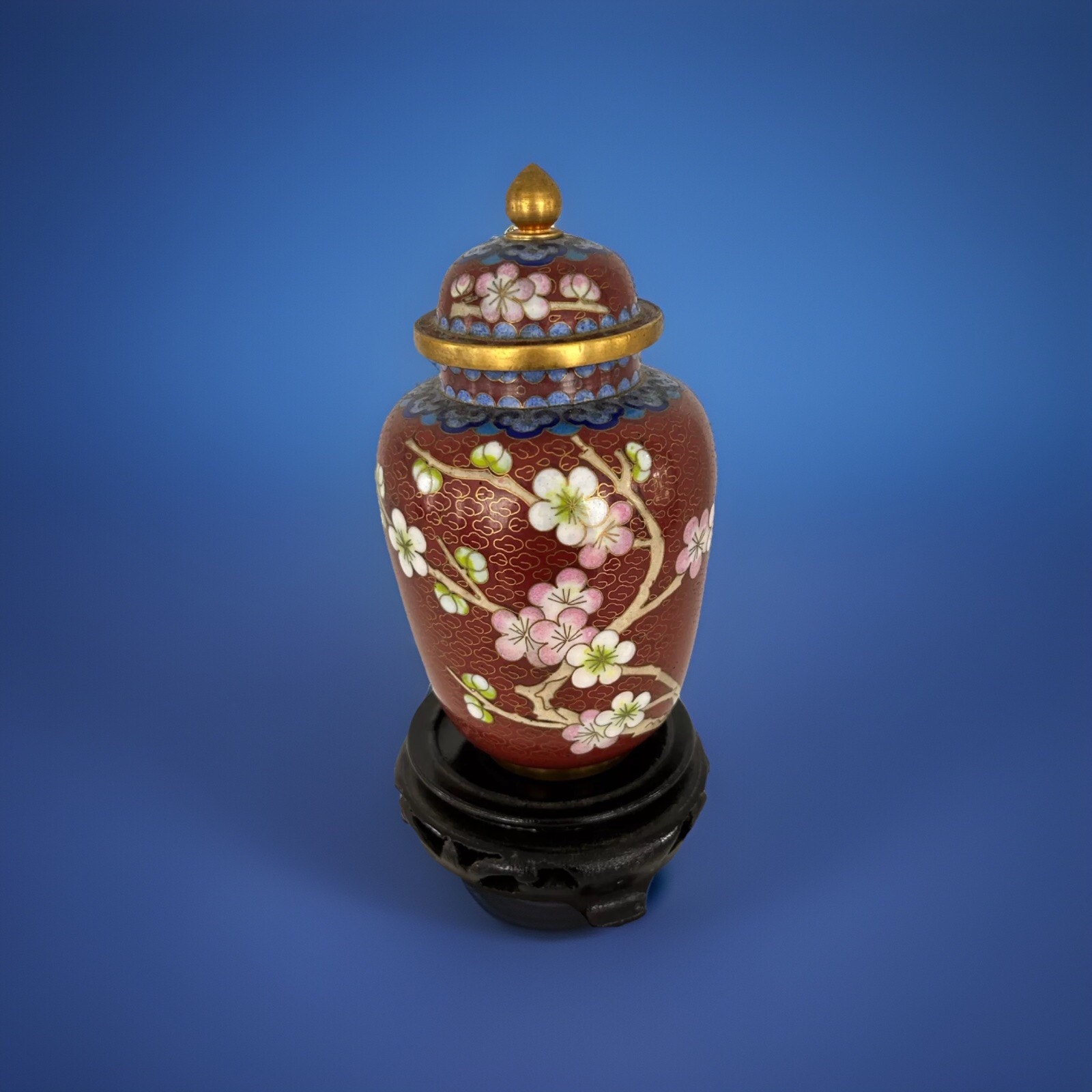 Vintage Chinese Cloisonne Baluster Covered Urn Style Jar w/stand Floral 6 Tall.
