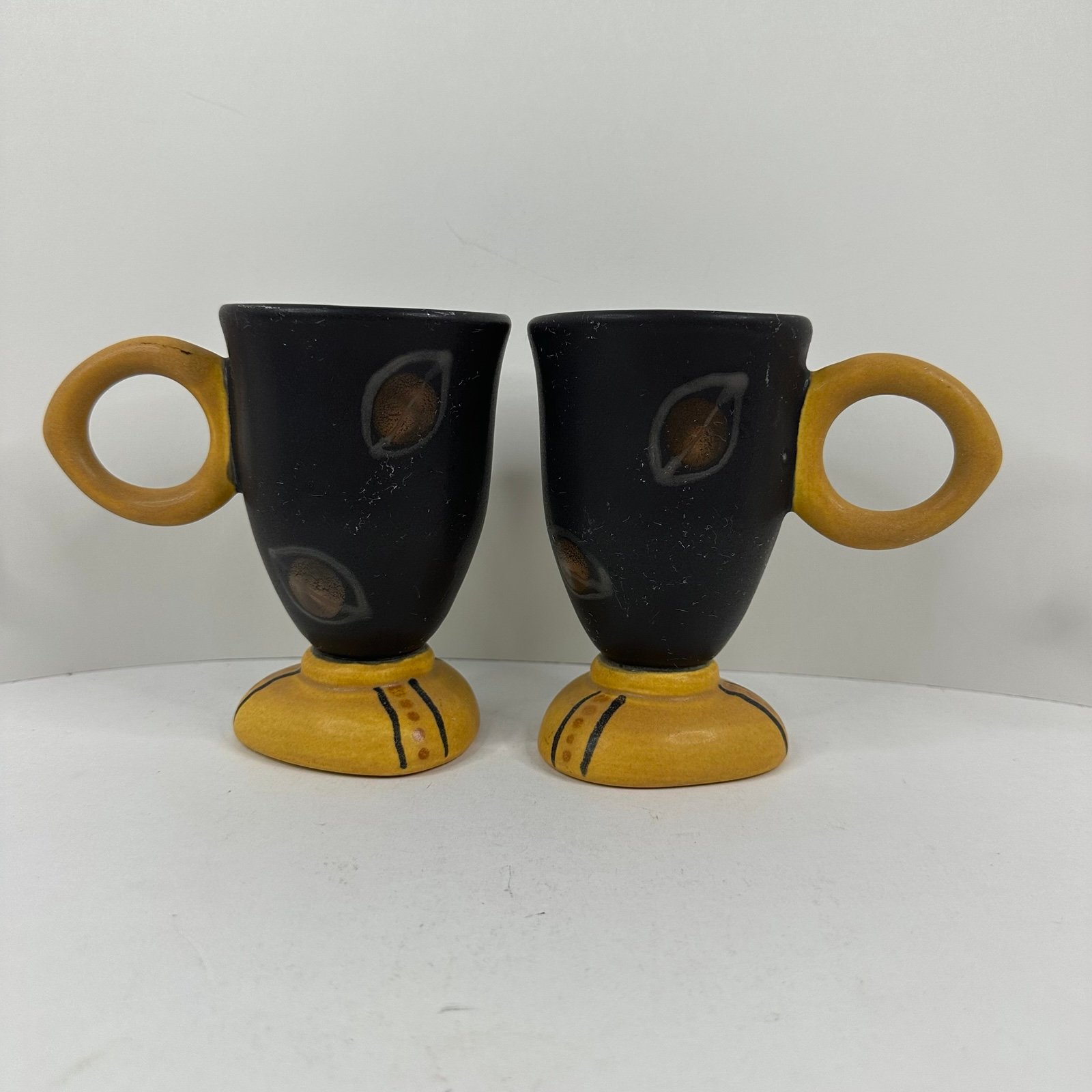 Pair of Signed BROUSSARD Art Pottery Mugs Hand Painted Black & Gold Coffee Cups