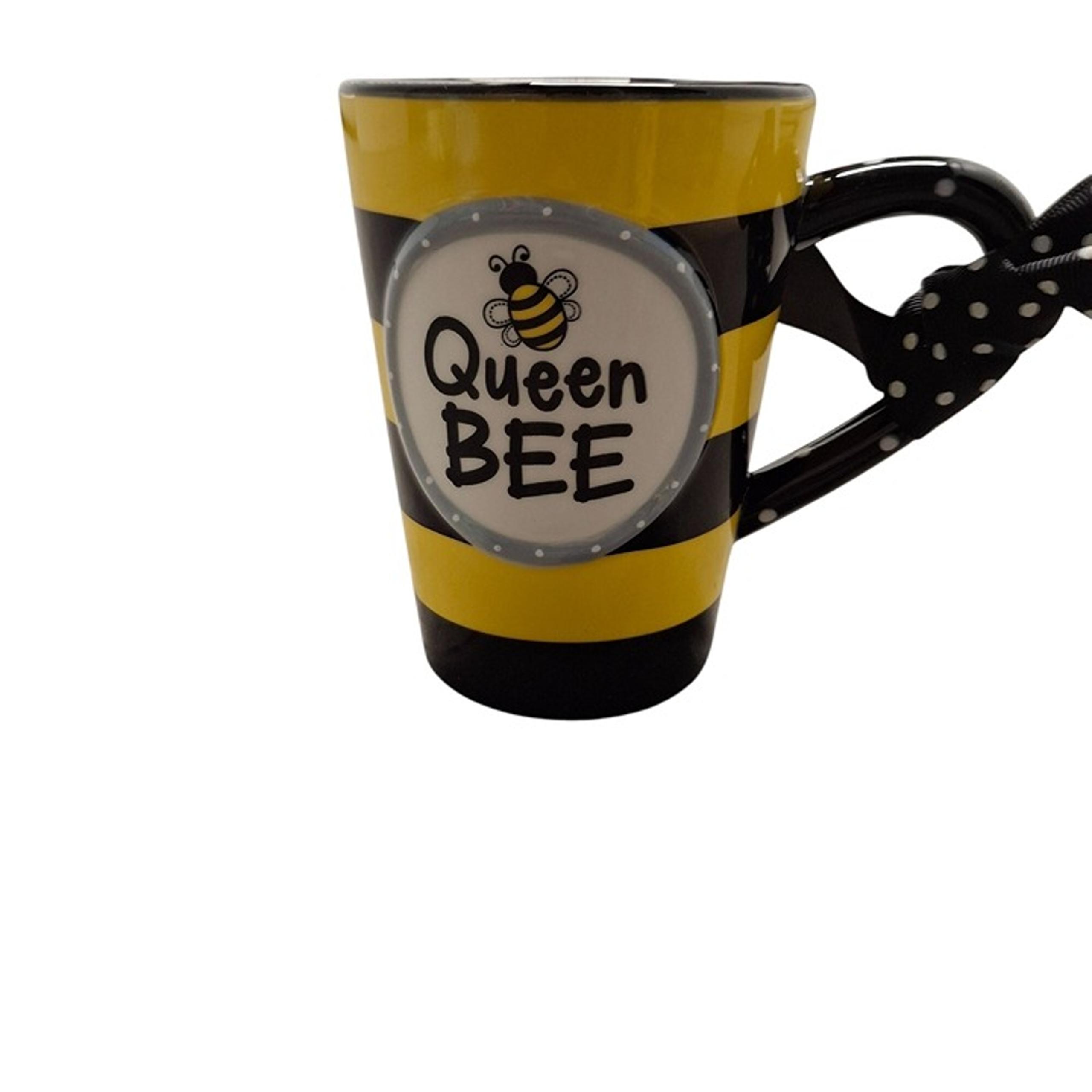 Queen Bee Striped Ceramic Mug With Polka Dot Handle Ribbon Design  Burton+Burton