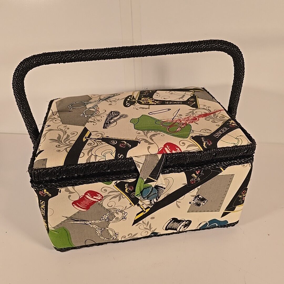 Loaded Vtg SINGER Sewing Box Design Padded Exterior Singer Graphics Handle