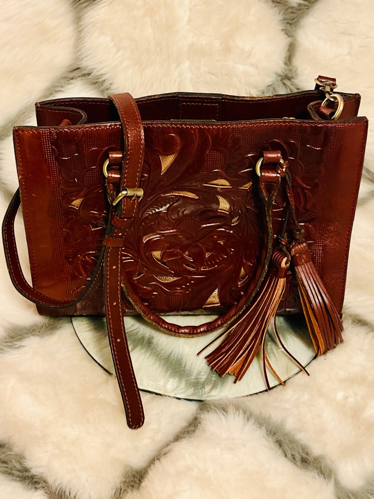 New Patricia Nash Brown Leather Shoulder Bag with Tassels