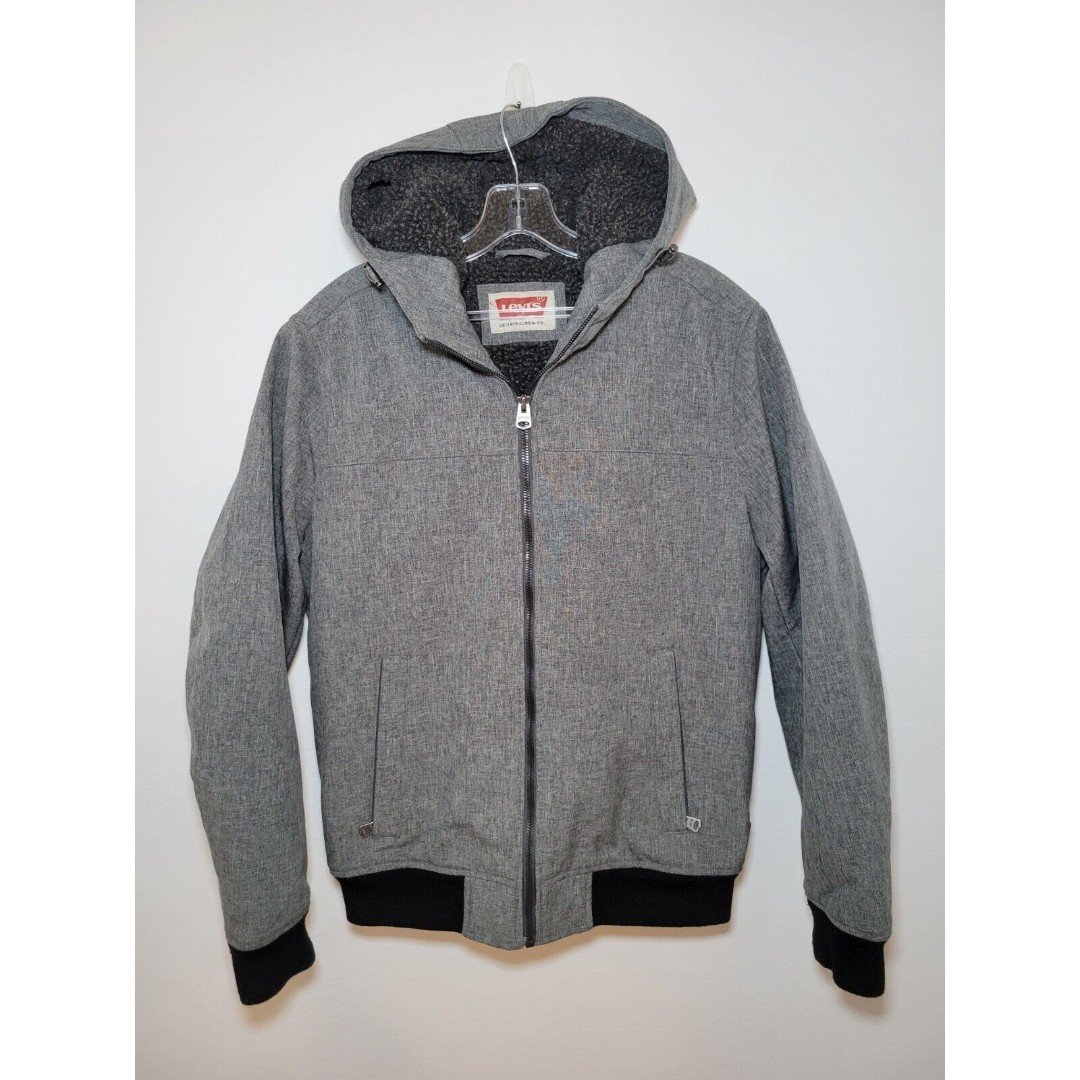 Levi’s Jacket Gray Hooded Black Sherpa Lined Soft Shell Bomber Coat Mens Small