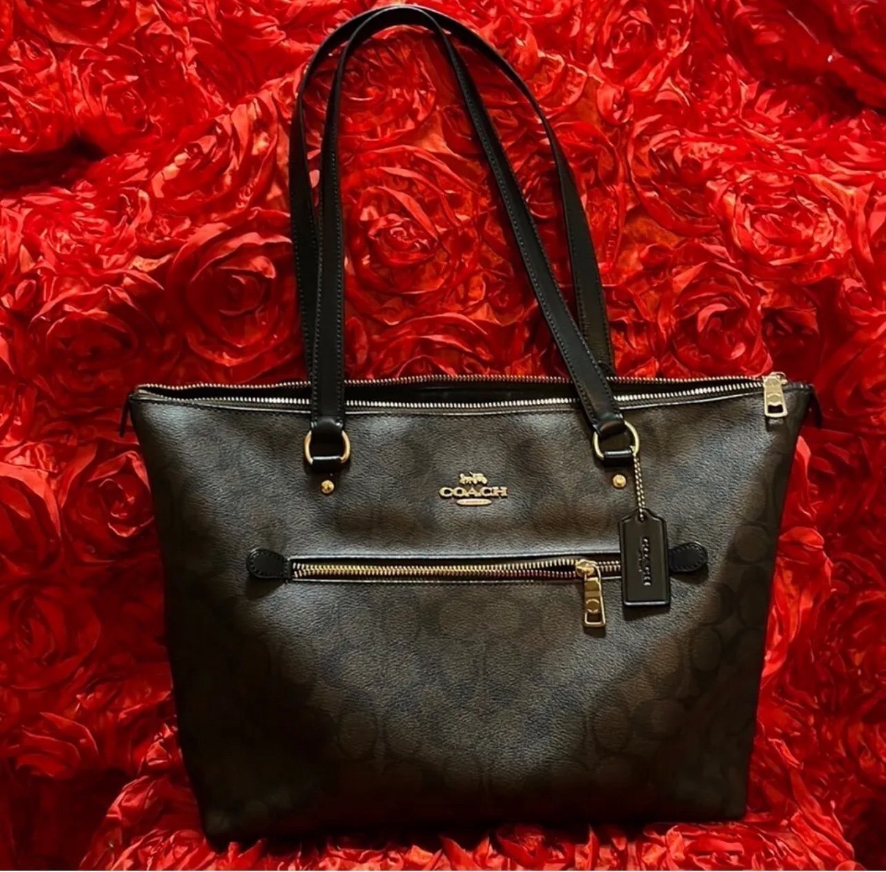 COACH Tote Bag Purse In Signature Canvas Brown Authentic EUC