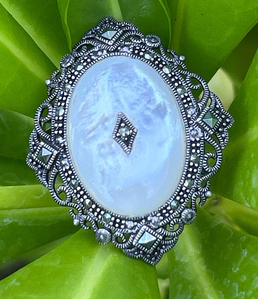 Vintage STERLING silver 925 white MOTHER OF PEARL & Marcasites brooch pin