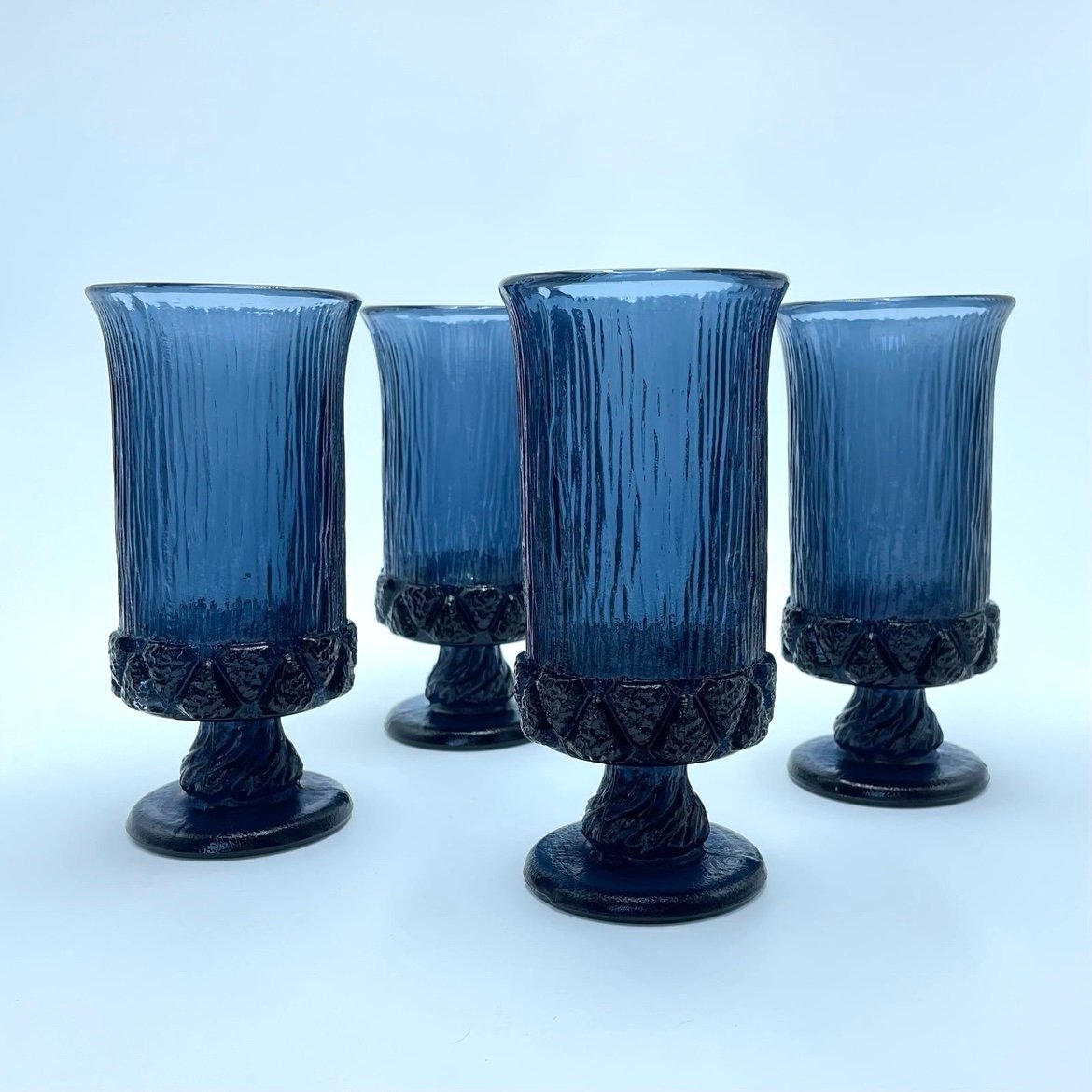 Fostoria Serrento Blue Iced Tea Glasses Gothic Goblets Set of 4 VTG Drinkware