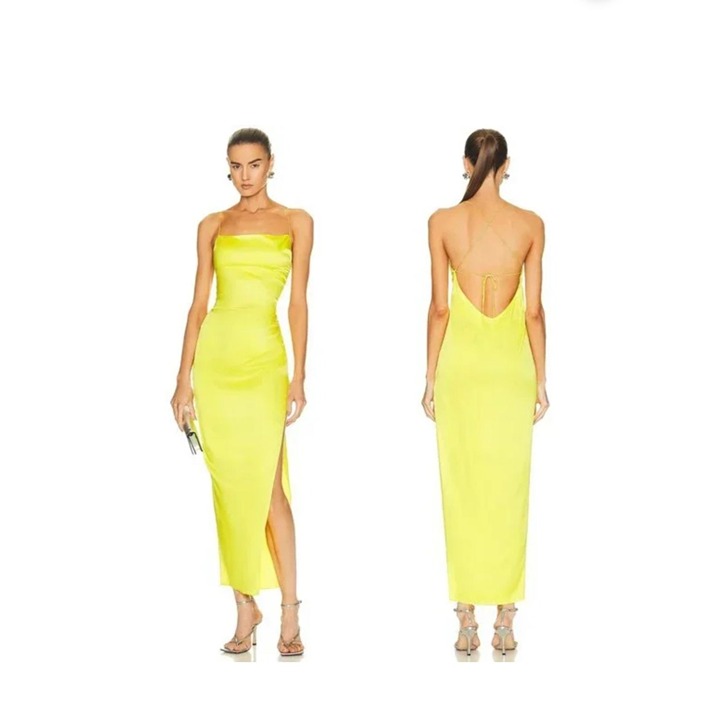 SER.O.YA CELINO SILK DRESS, SQUARE NECK AND THIN STRAPS, 95% SILK, NEON LIME, SM
