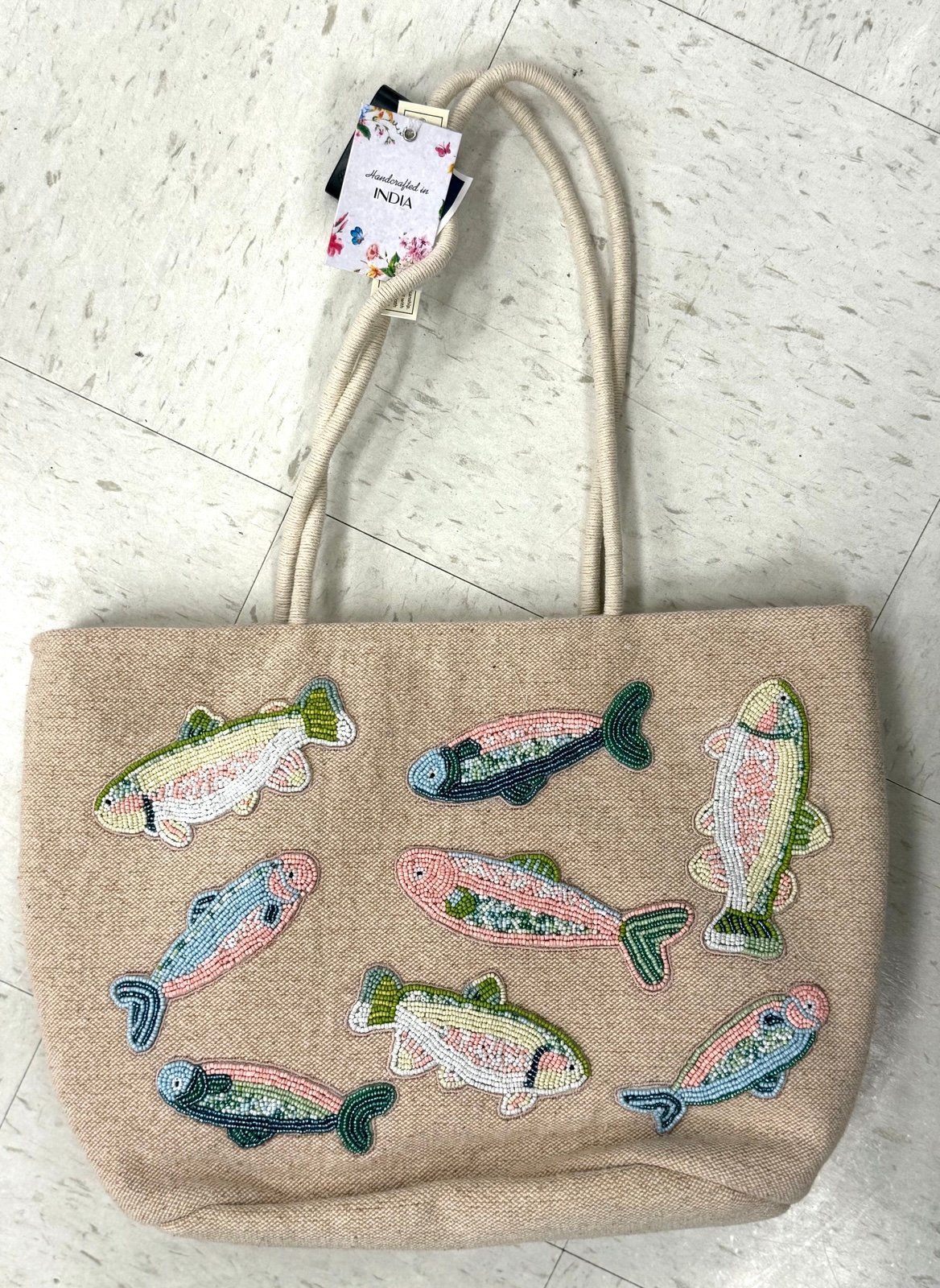 New Made in India large beaded canvas pastel fish tote bag
