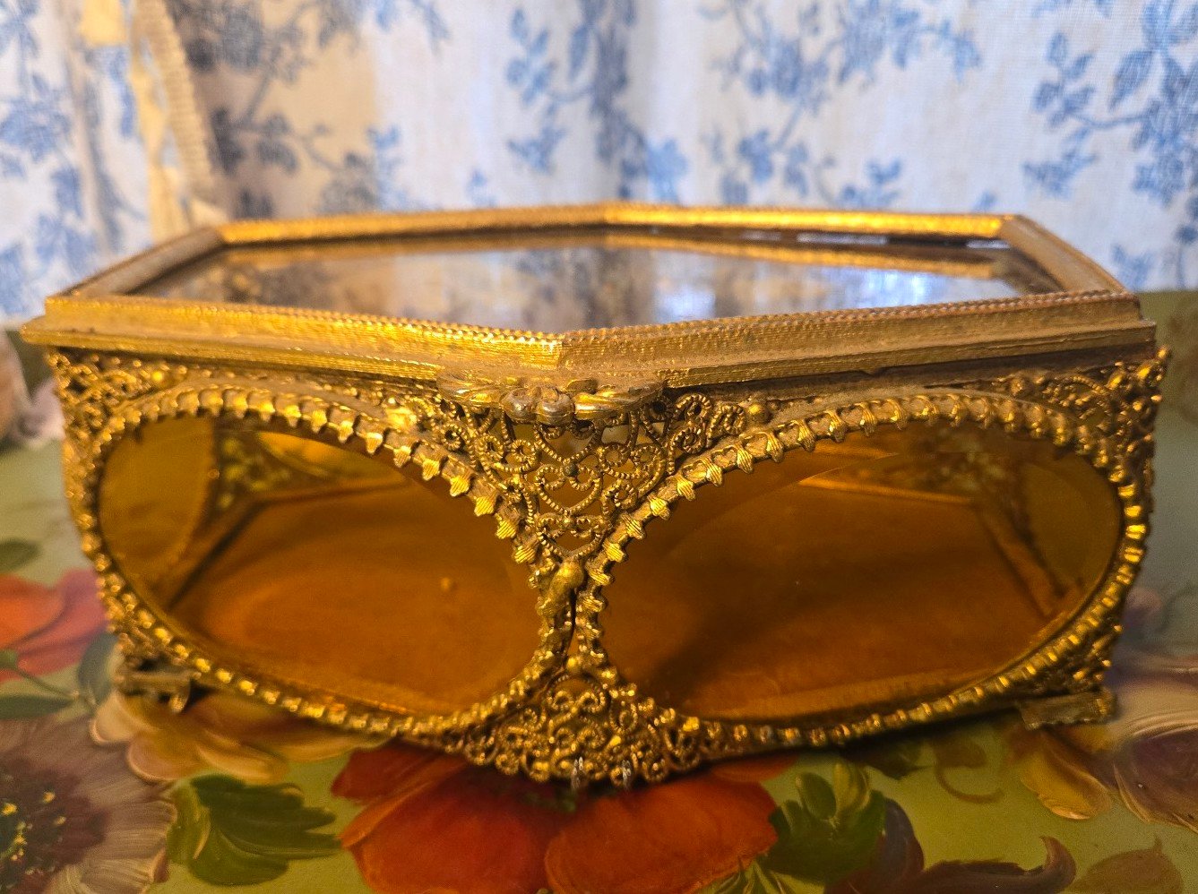 Antique Ormolu Amber Glass Jewelry Casket