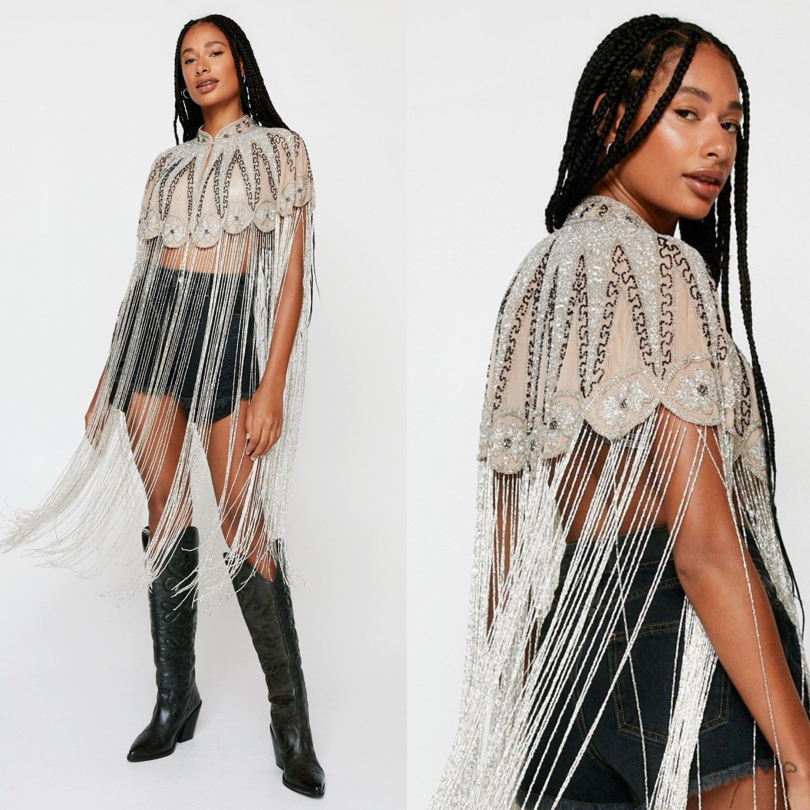 Nasty Gal Beaded Long Tassel Cape Size M/L
