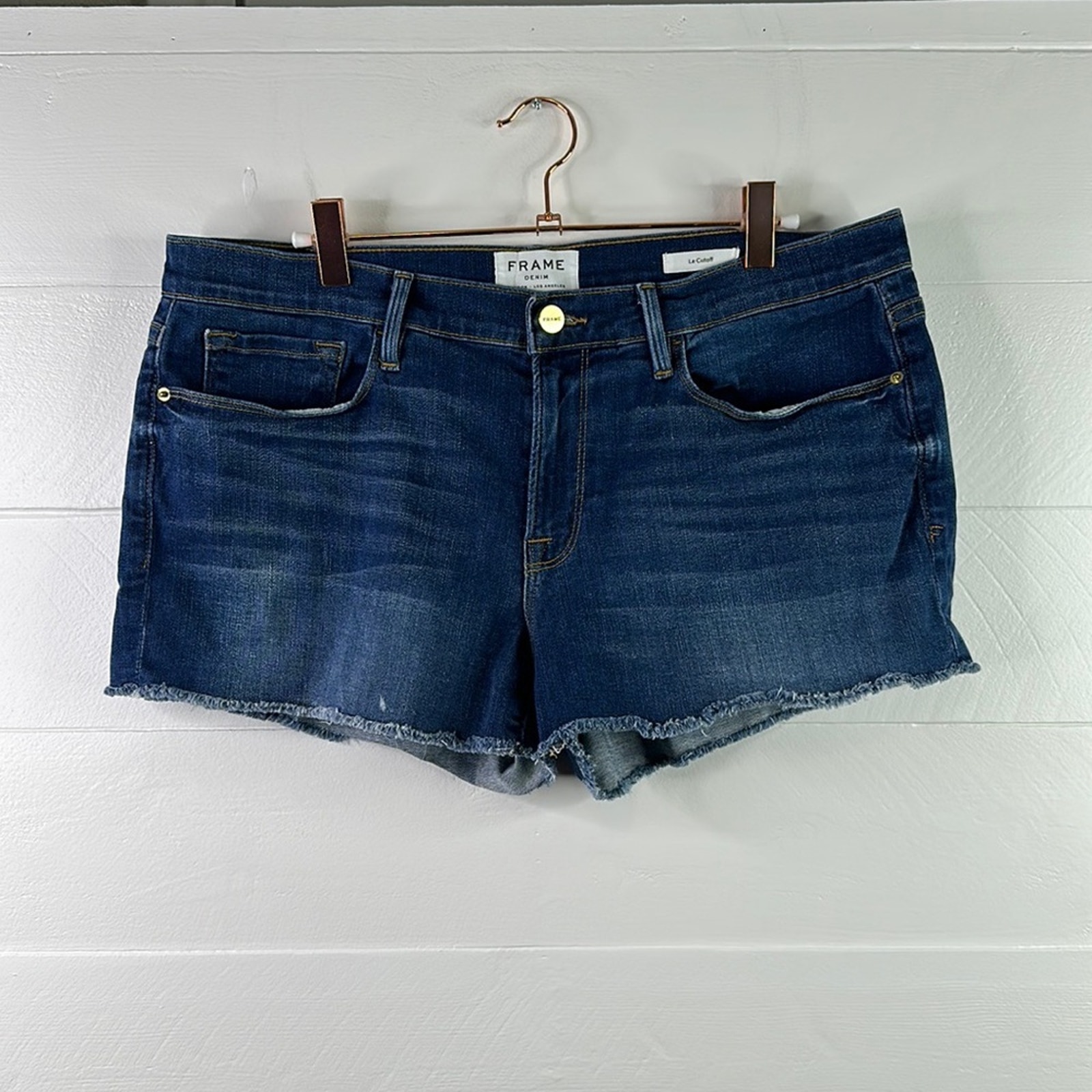 FRAME Dark Denim Le Cutoff Jean Mid Rise Raw Hem Shorts Size 30