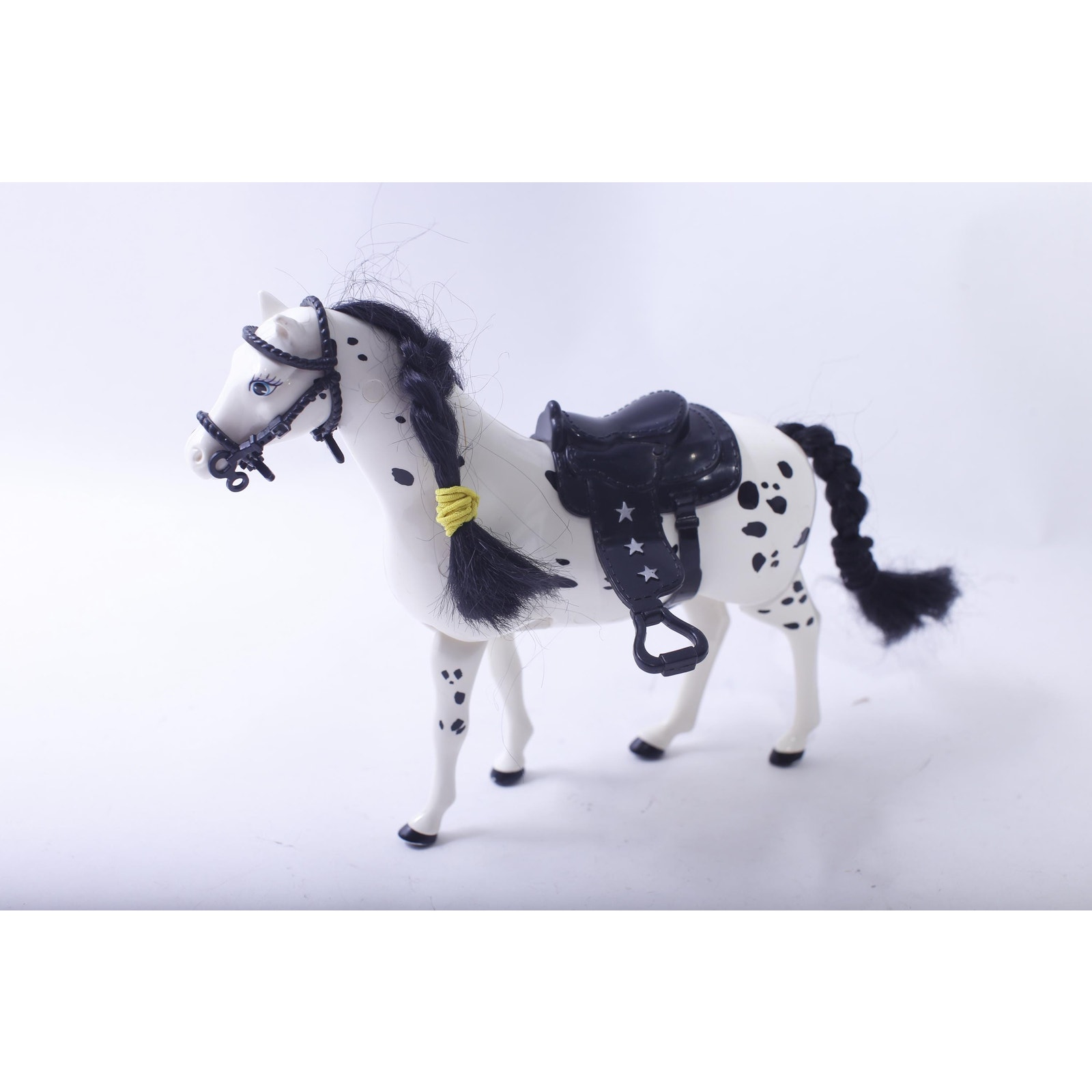 Barbie Horse Riding Club, White Dotted Horse Toy Figure, Black Saddle, Black741
