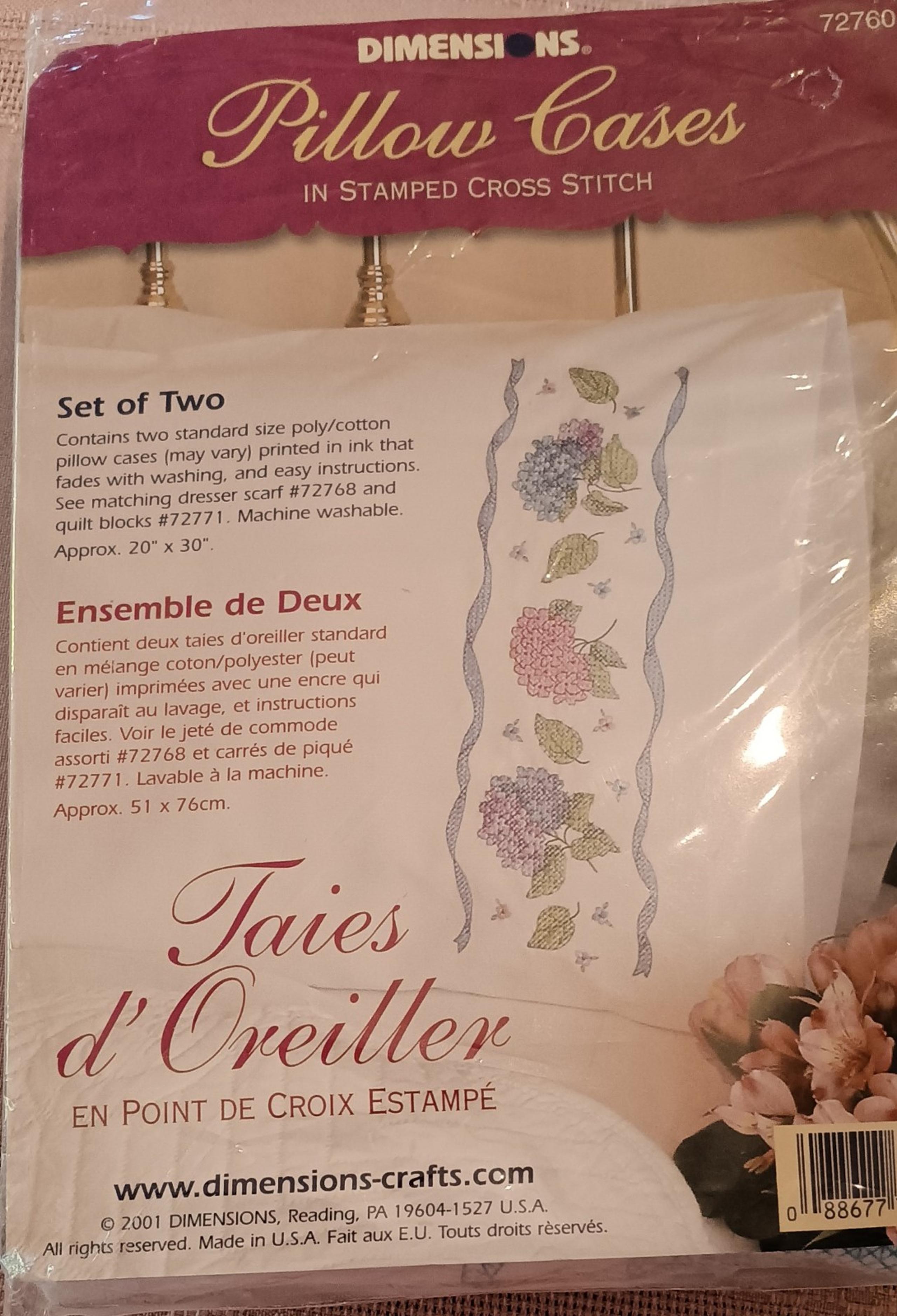 SEALED 2001 Dimensions Hydrangeas and Ribbons Stamped Crosstitch Pillow Cases