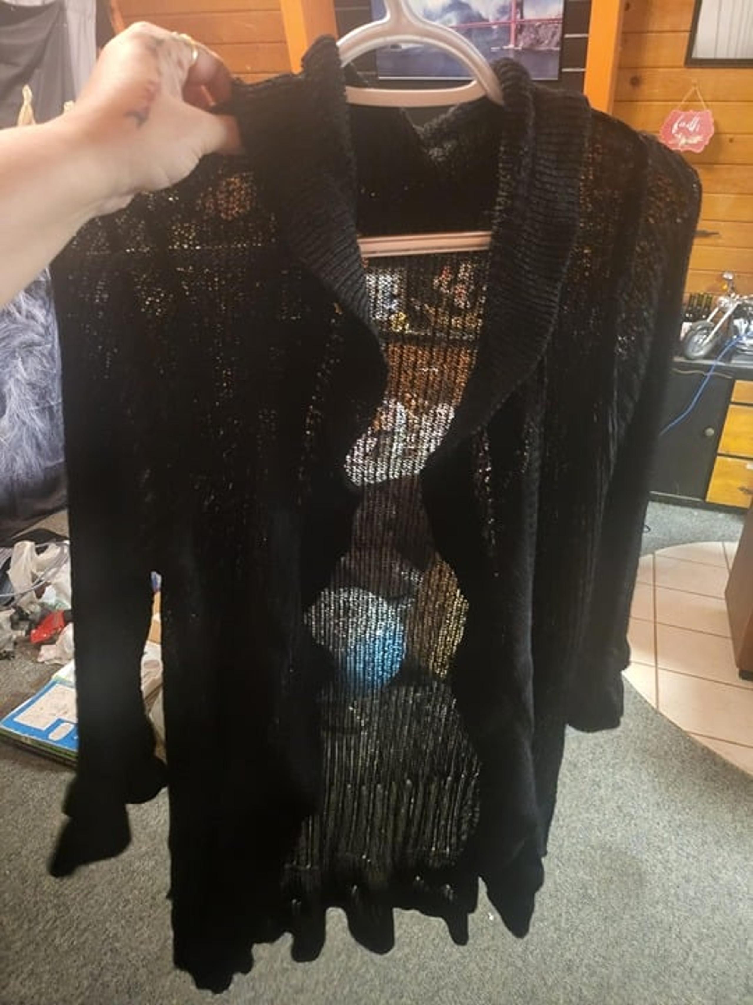 Black Lace Open Front Long Sheer Semi-transparent - Size L / One Size Fits All