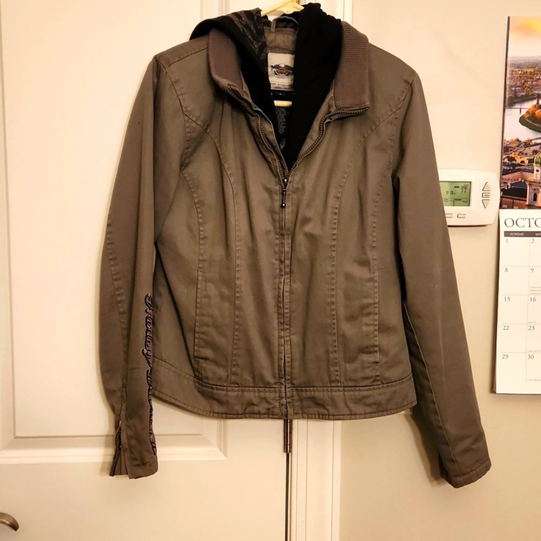 Harley Davidson Women's Gray & Black Cotton & Canvas Jacket Zip-Off Hood Size M