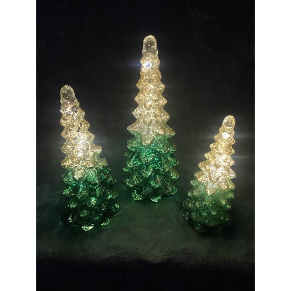 Glass Christmas Trees Light Up Set Of 3 VTG Handblown Green To Silver Glitter