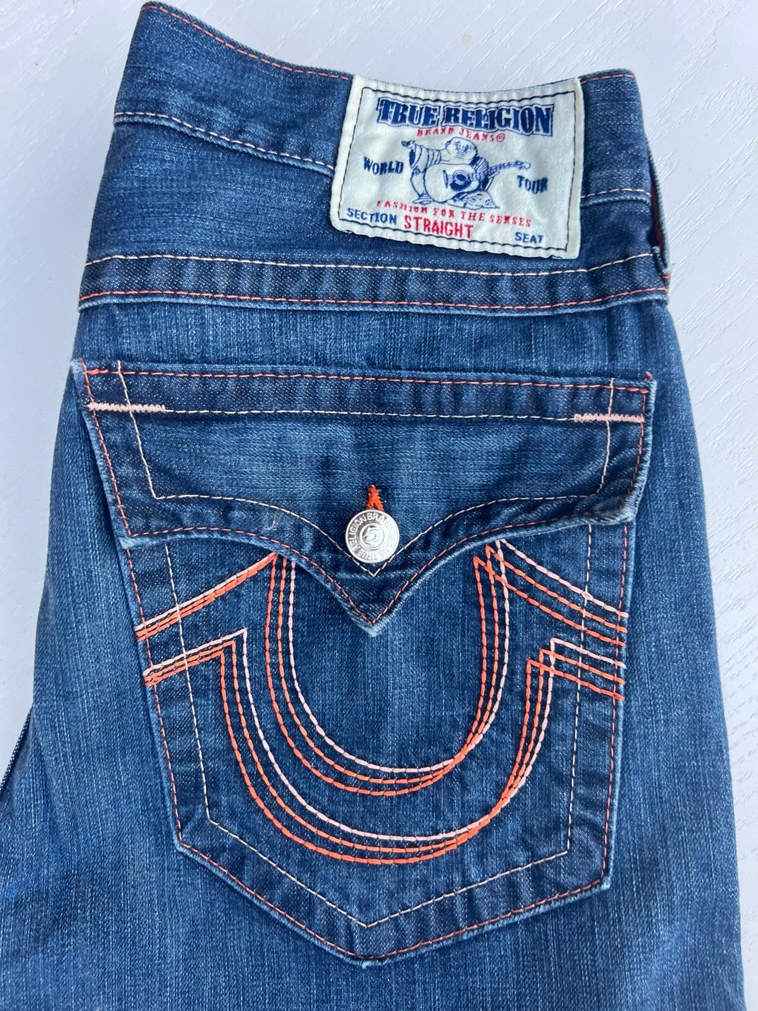 True Religion Men's Straight Jeans Size 34 x 31 Navy Blue Denim w/ Flap Pocket