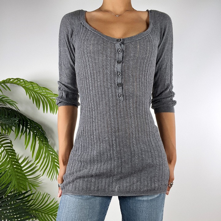 Vintage Y2K American Eagle Womens Gray Ribbed Knit Half Sleeve Henley Top / S