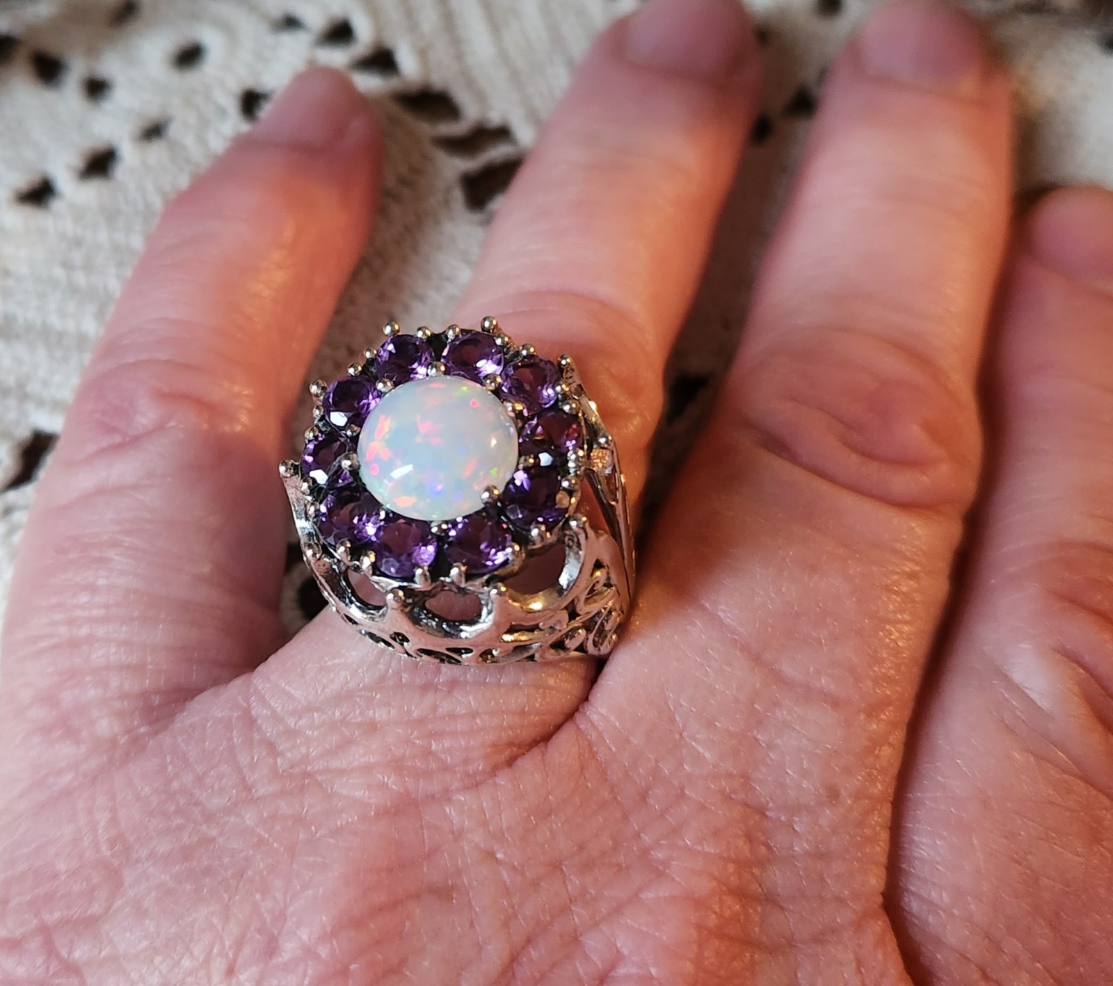 Sterling opal & amethyst ring 9