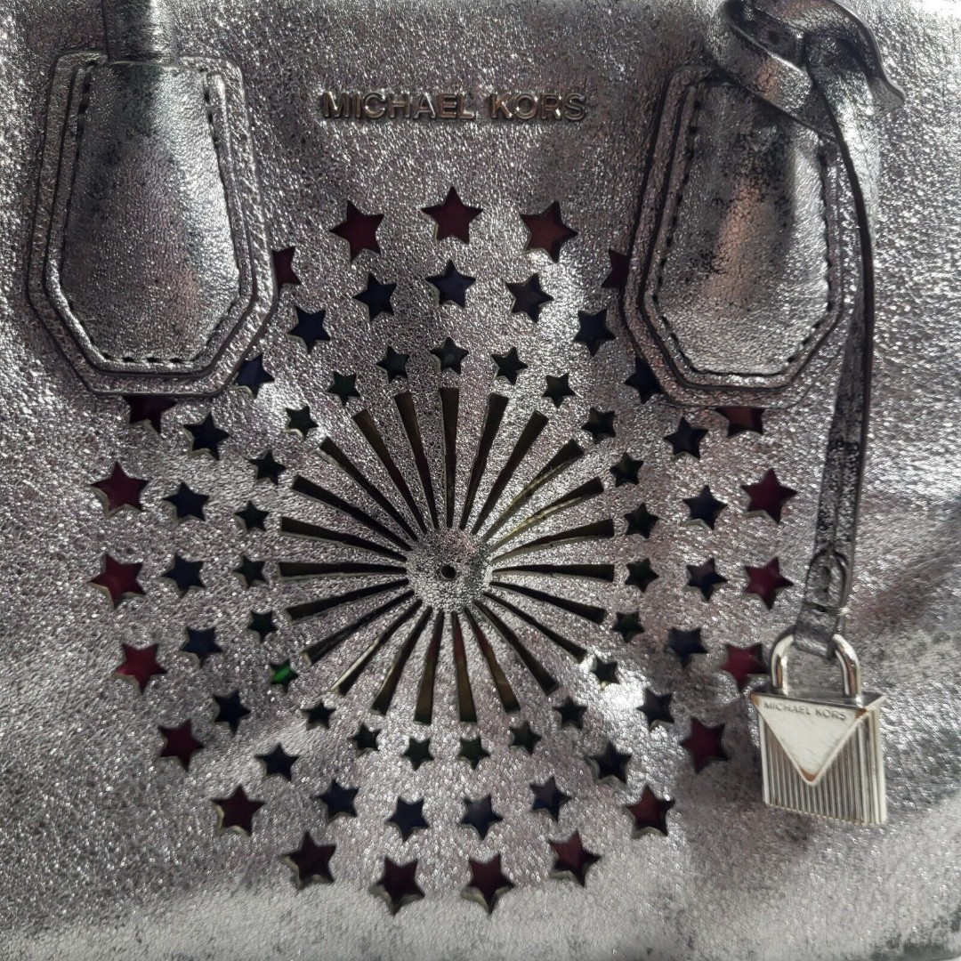Michael Kors Light Up Mercer MD Messenger Leather Tote LT Pewter Battery Pack