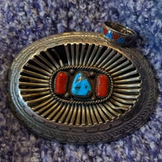 Turquoise and Coral Belt Buckle and Ring Set