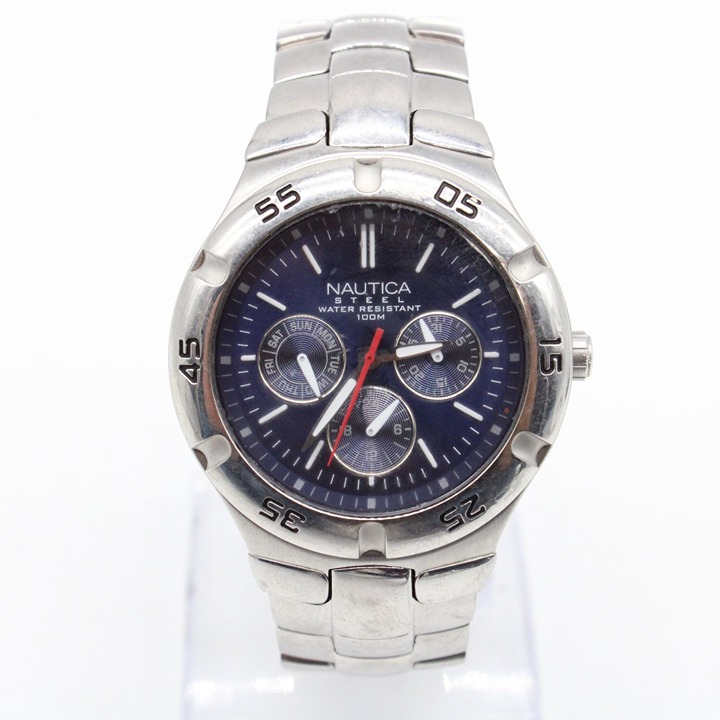 NAUTICA Steel Chronograph Watch Men Silver Stainless Steel Classic Blue Dial