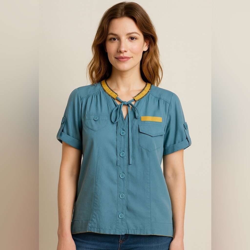 Vintage one of a kind Marc Jacobs Blue and Yellow Blouse with tie