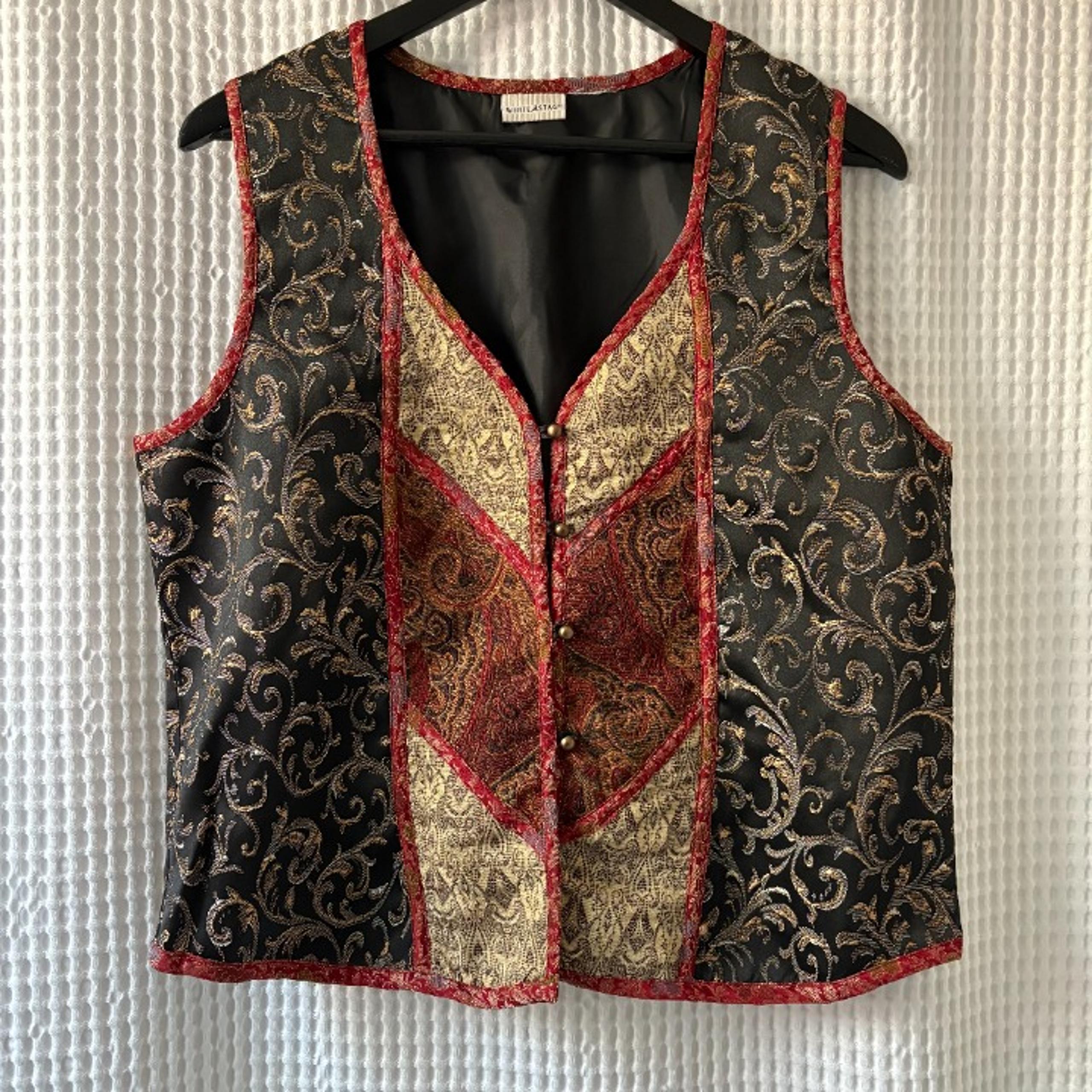 Vintage White Stag tapestry vest with brass-tone buttons, large