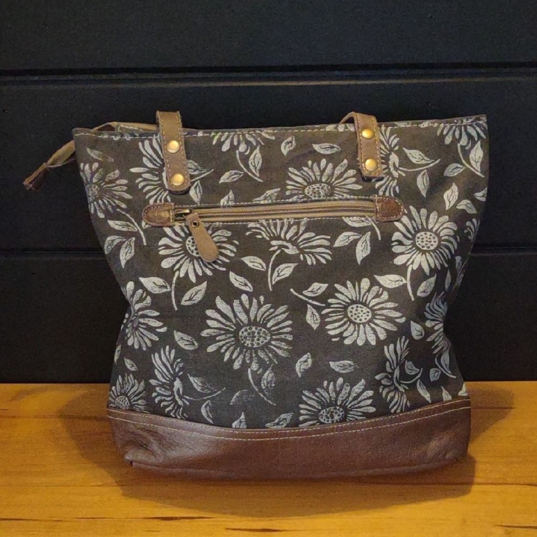Myra Bag Med/Large Floral Canvas Zip Closure Tote With Leather Trim