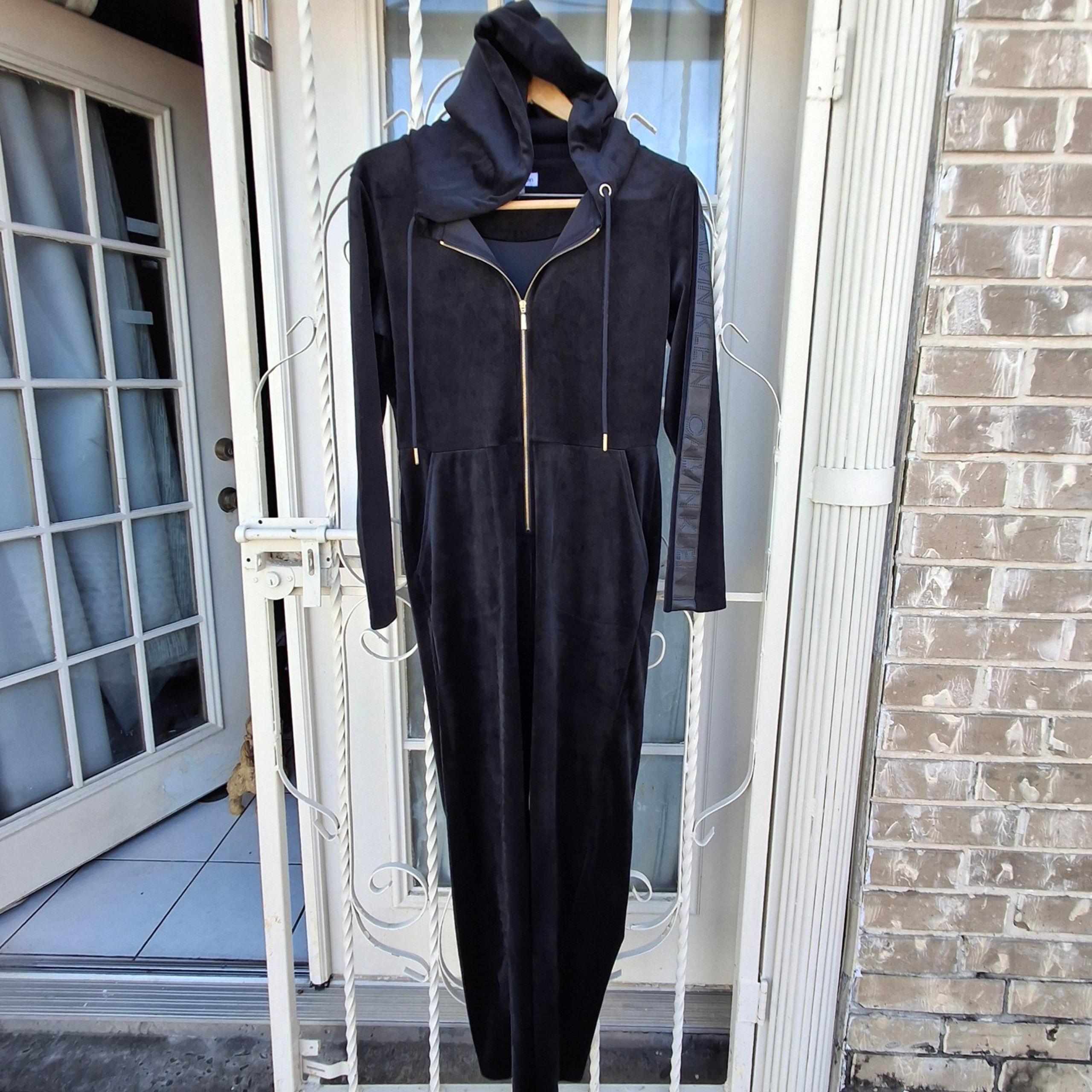 Calvin Klein Velour Black Long Sleeve Zipper Hooded Jumpsuit Women Size Small