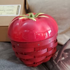 Longaberger red basket with fruit topper