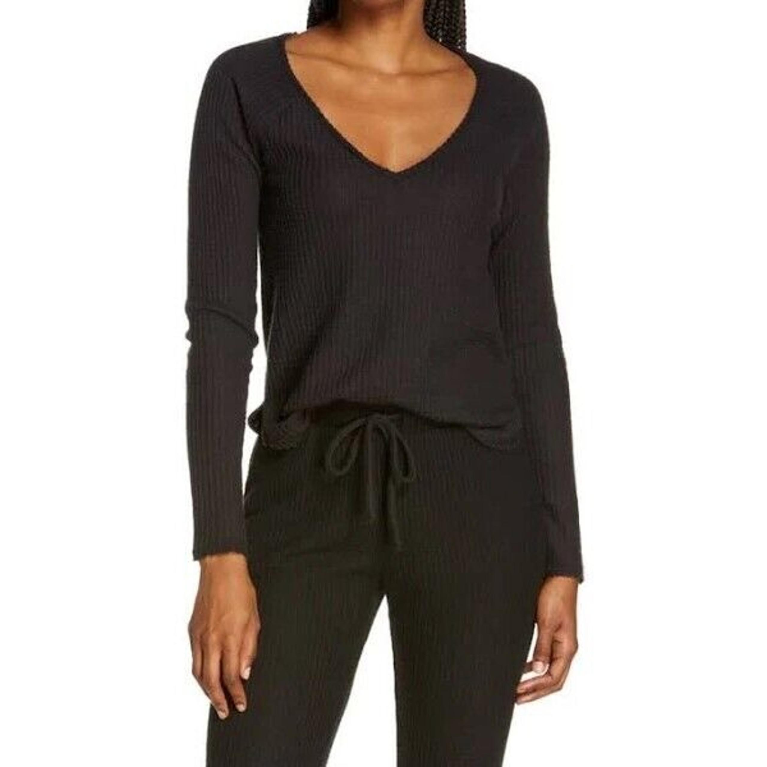 Socialite Women Black Waffle Casual Comfort V-Neck Long Sleeve Top Size XS