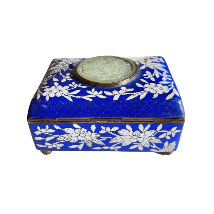 Chinese Cloisonné Dresser Box w/White Jade Insert 4X3X2
