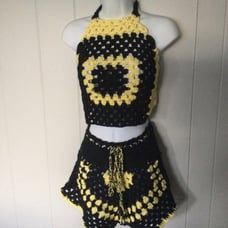 Crochet Halter Top and Shorts set outfit Cotton Black and Yellow Handmade