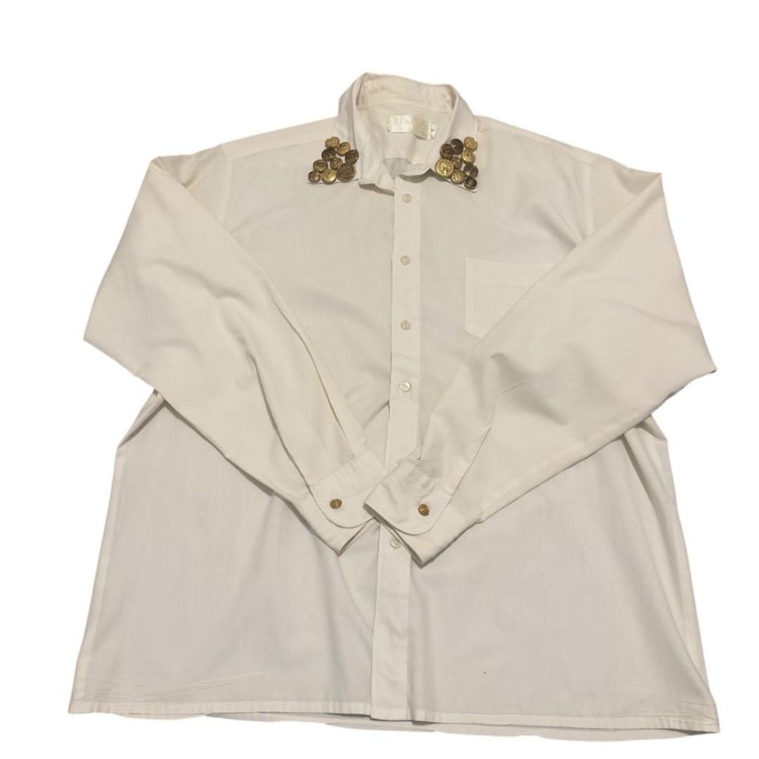 VTG Sum Es 1980’s White Button-Up Shirt w/ Gold Button Embellished Collar Size S