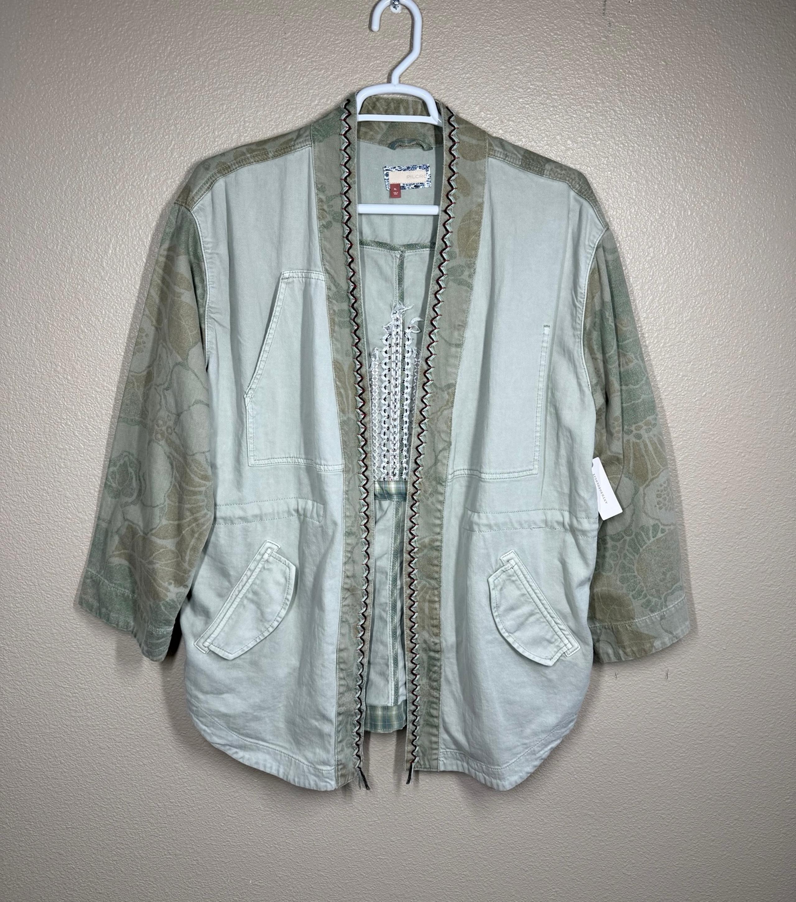 Anthropologie Jacket Women’s XL Green Denim Embroidered Kimono Open Front NWT