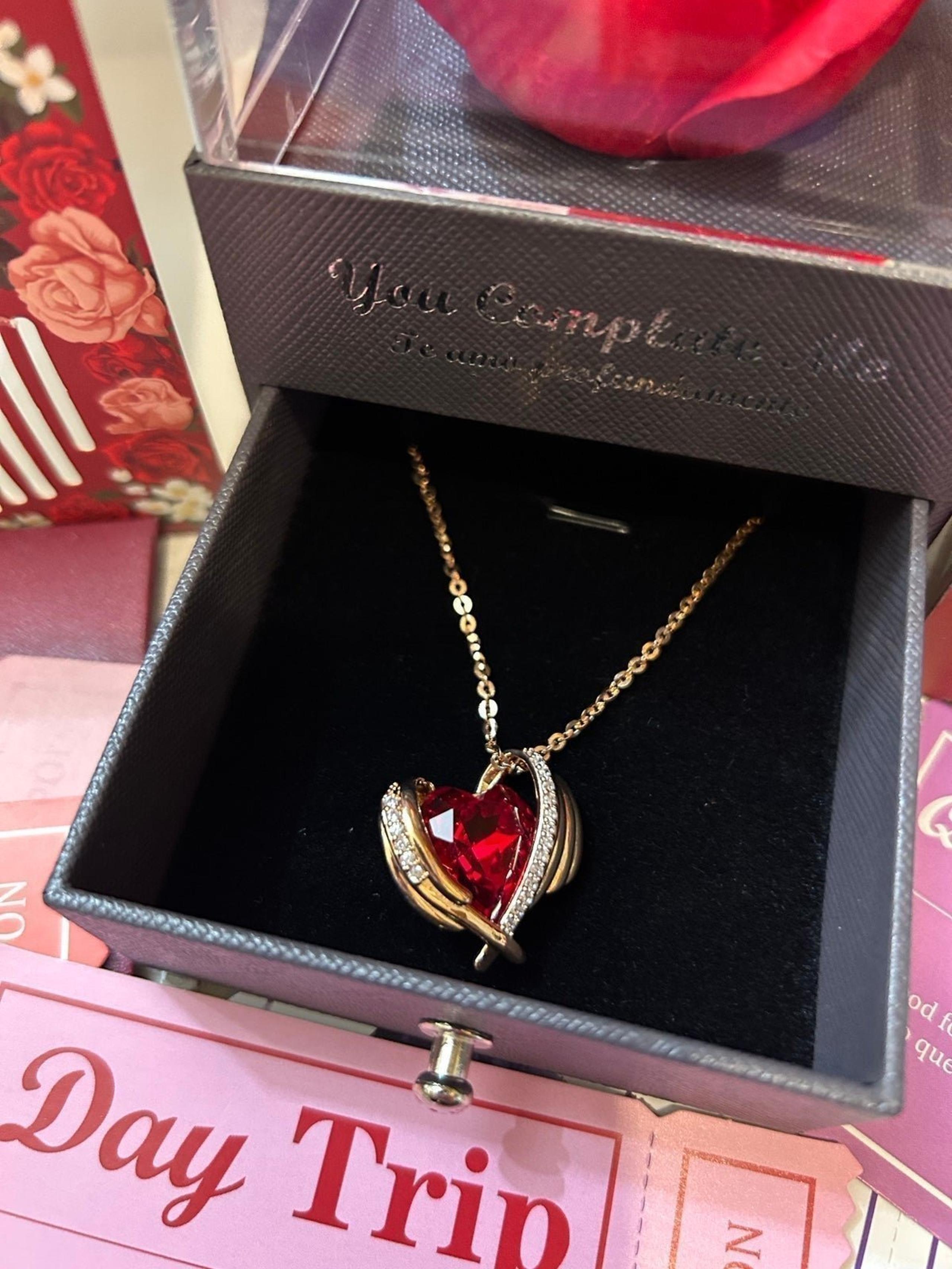 Jewelry Box & Ruby Heart Necklace w/ Encased Preserved Red Rose Gift For Her