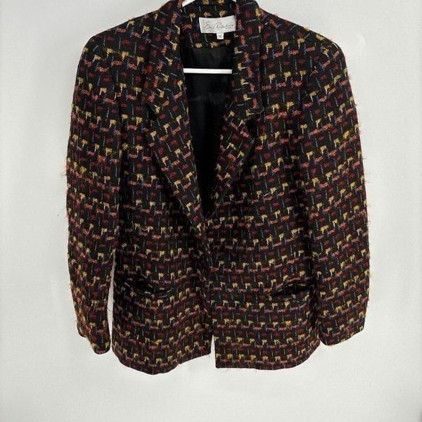 Emil Rutenberg Vintage Womens Wool Rainbow Black Plaid Knit Blazer Medium